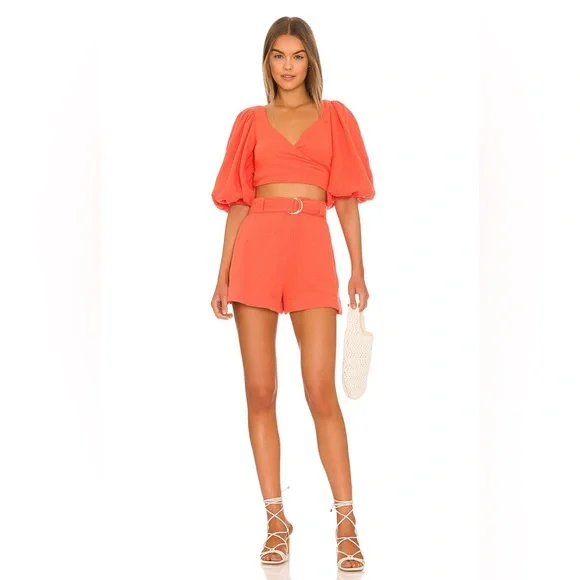 Jonathan Simkhai Mila Puff Sleeve Wrap Top and Hart Belted Shorts Set - Picture 1 of 8